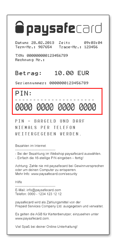 Beispiel für ein paysafecard-Ticket oder einen Gutschein